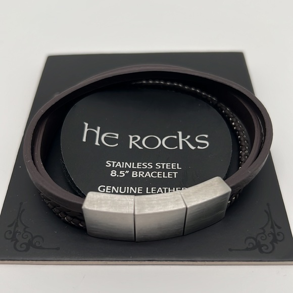 HE ROCKS Brown Leather and Stainless Steel Triple Wrap Bracelet - Picture 2 of 4